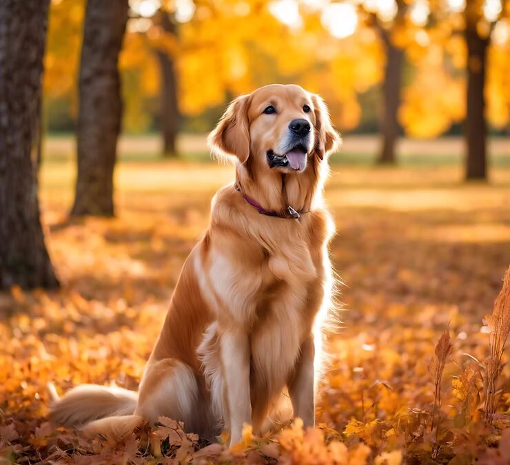 dog sitting outside in the leaves